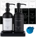 Black Thick Glass Soap Dispenser - Farmhouse Kitchen Dish &Hand Soap Dispenser Set, 304 Rustproof Pump Lotion Dispenser Bathroom with Tray, 14 Waterproof Stickers for Kitchen Decor Sink