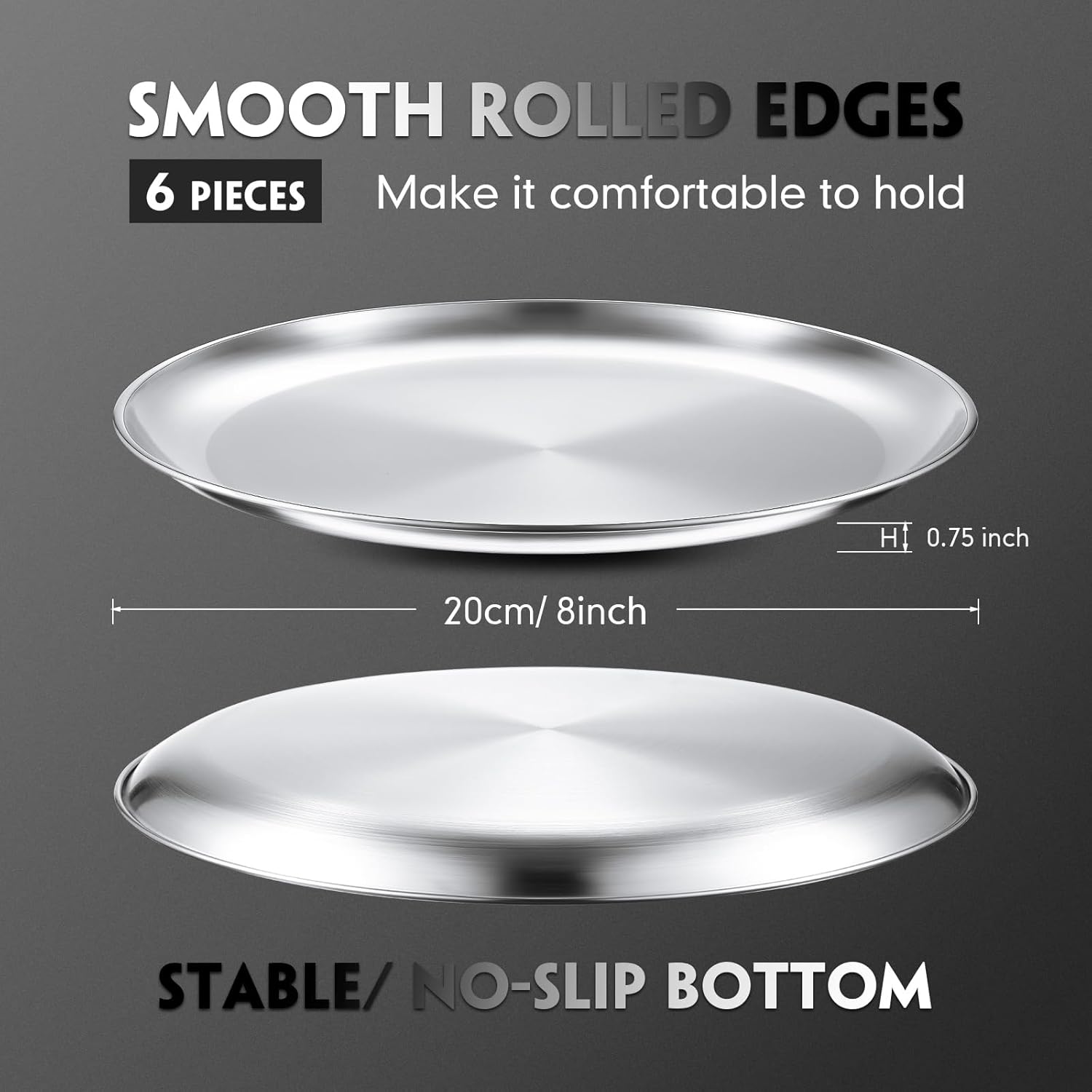 Thenshop 6 Pieces 8 Inch Pizza Pans Bulk Stainless Steel Sets Round Bakeware Pizza Trays for Oven Kitchen Baking Home Restaurant Safe Sturdy Reusable Easy Clean(Silver)