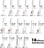 18/10 Stainless Steel Cooking Utensils Set - 16 PCS All Metal Kitchen Tools, Serving Utensils - Whisk, Masher, Fork, Tongs, Solid/Slotted Spoon, Spatula, Turner, Ladle, Skimmer, Pasta, Large Spoon Set
