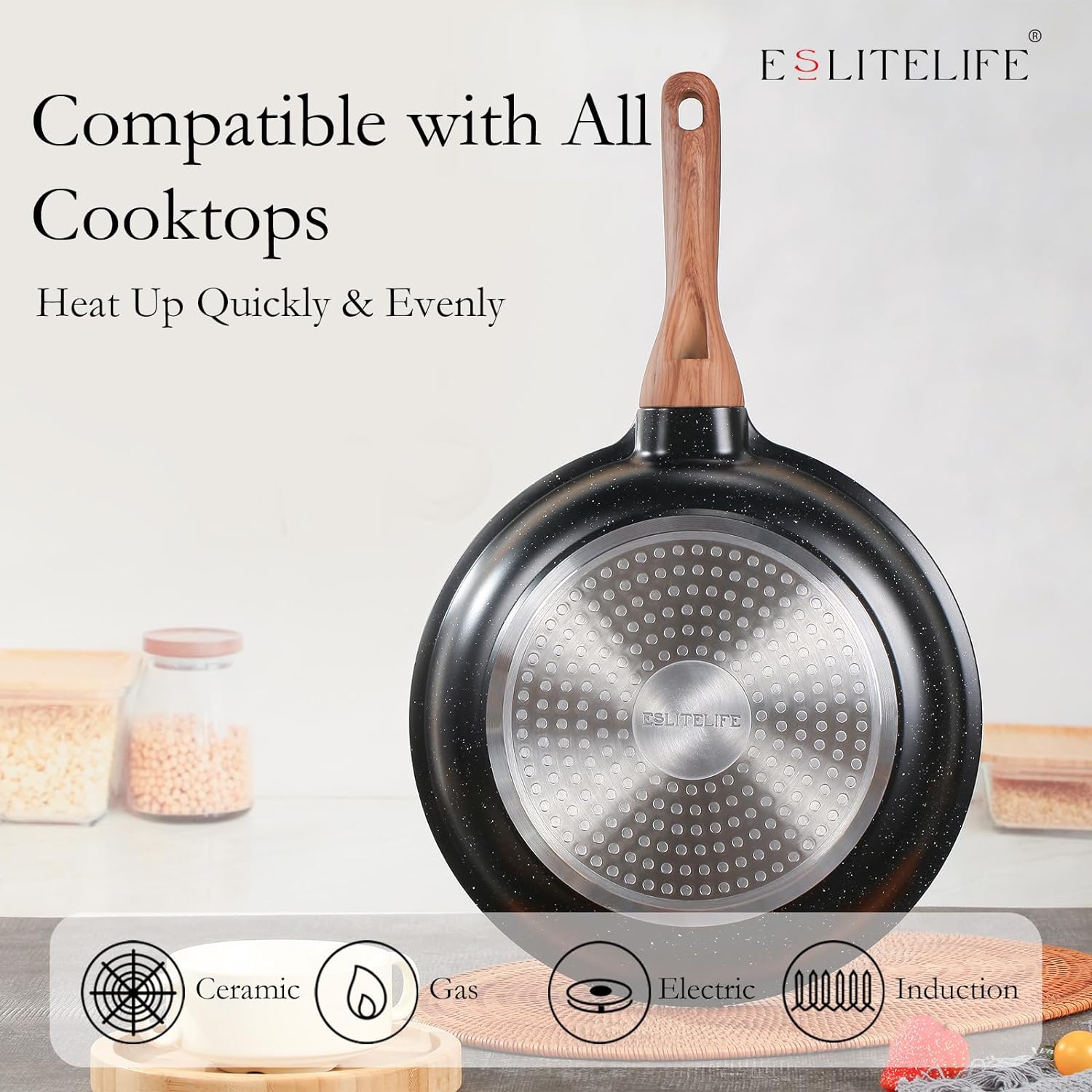 ESLITE LIFE Nonstick Ceramic Frying Pan Skillet with Lid, Non-Toxic Egg Omelette Kitchen Cooking Pans Compatible with All Stovetops (Gas, Electric & Induction), PTFE & PFOA Free (Black, 11" w/Lid)