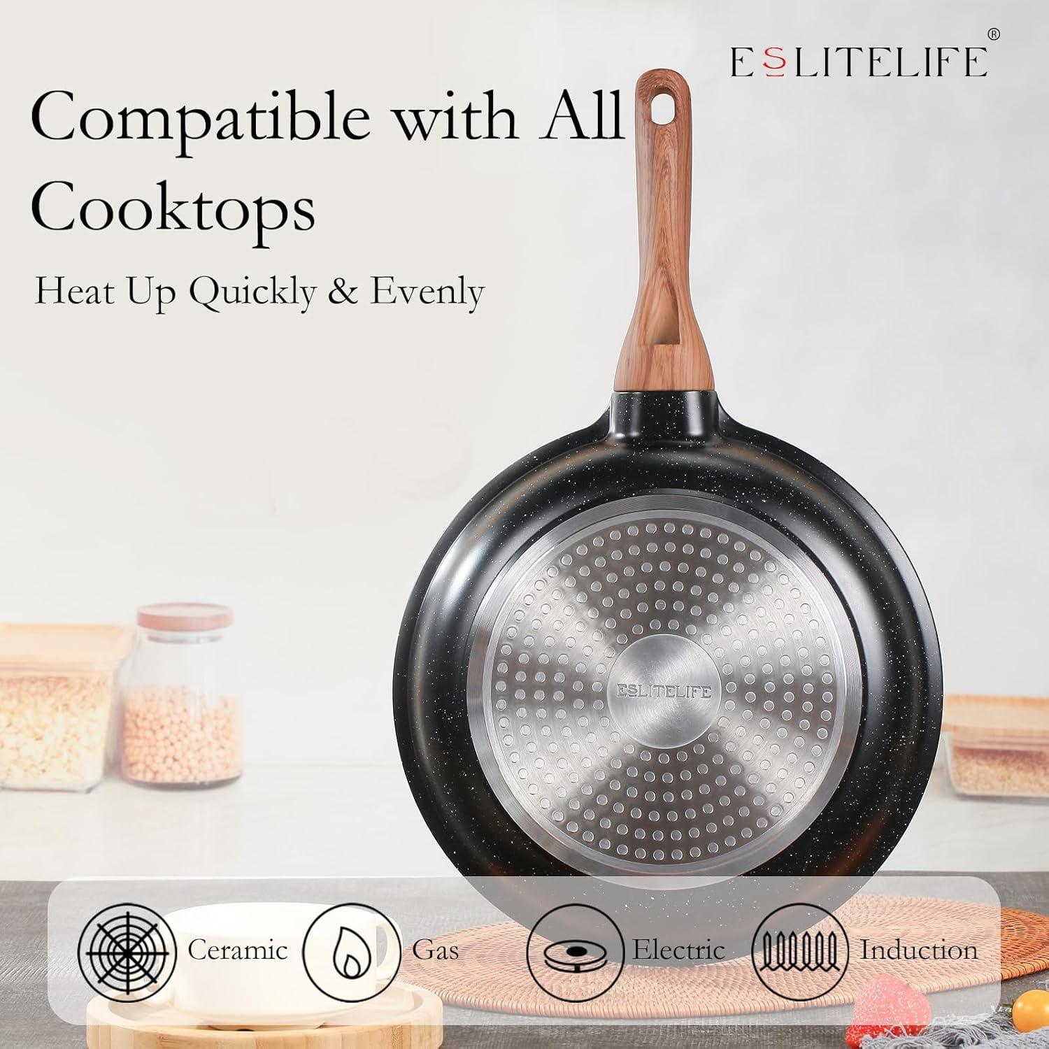 ESLITE LIFE Nonstick Ceramic Frying Pan Skillet with Lid, Non-Toxic Egg Omelette Kitchen Cooking Pans Compatible with All Stovetops (Gas, Electric & Induction), PTFE & PFOA Free (Black, 9.5" w/Lid)