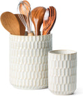 Utensil Holder, 7.3"+5.4" Ceramic Kitchen Utensil Holder for Countertop, Large Cooking Utensil Crock for Kitchen Counter, Set of 2, Beige