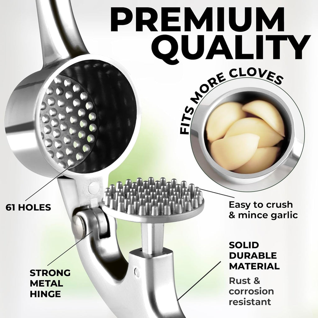 Zulay Kitchen Large Premium Garlic Press Set - Bigger Bowl for Bigger Garlic - Rust Proof & Dishwasher Safe Garlic Mincer Tool - Easy-Squeeze, Easy-Clean Silicone Garlic Peeler & Brush (Chrome)