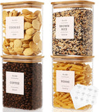 4 Pack Square Glass Pantry Storage Containers with 132 Kitchen Food Pantry Labels - 34 floz Clear Glass Pantry Jars with Airtight Wood Bamboo Lids - Glass Canisters for Tea, Cereal, Coffee, Spice