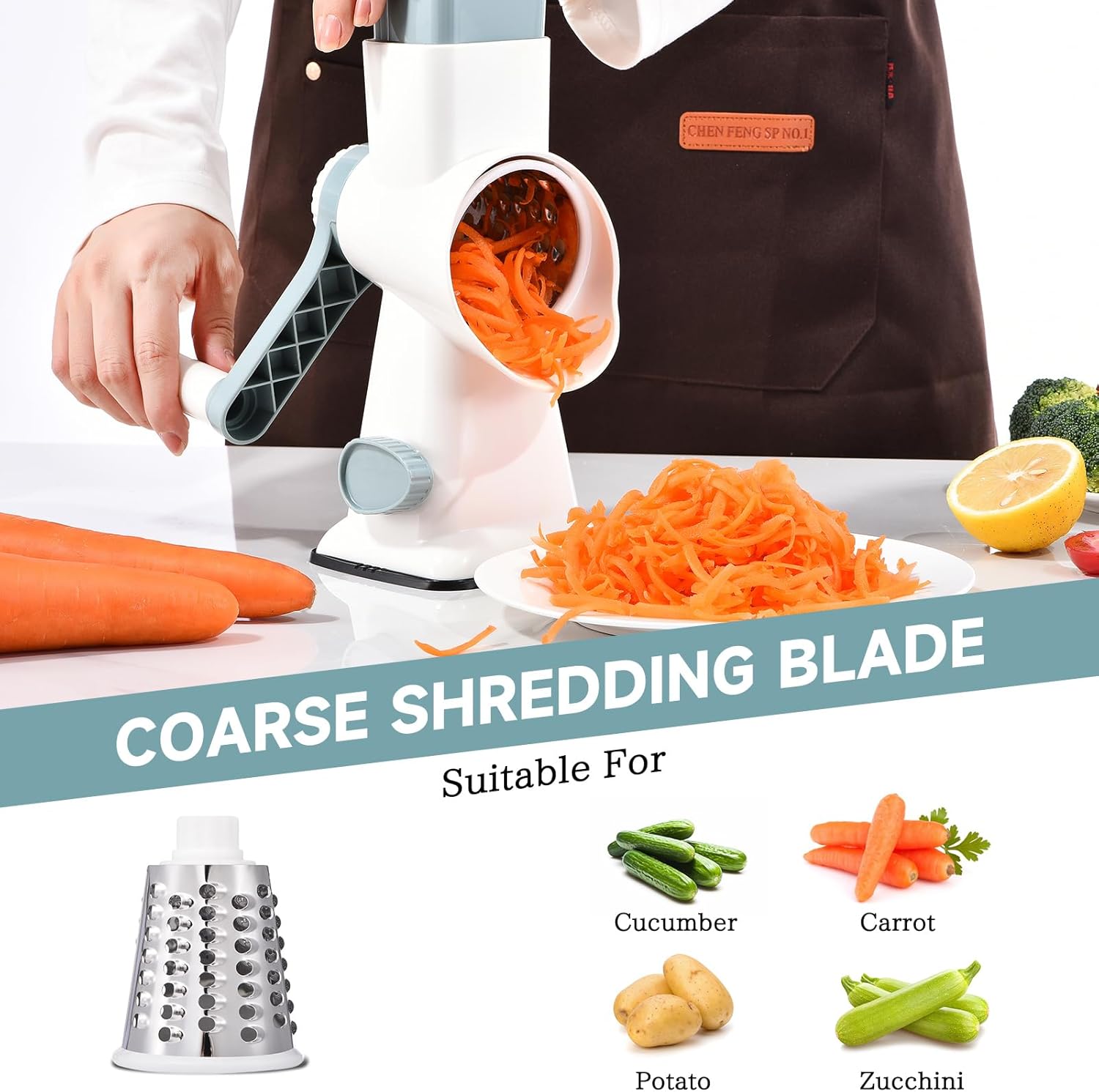 Rotary Cheese Grater with Handle Kitchen Shredder Slicer Grater Slicer Ice Shaver Cheese Vegetable Nuts Potato Zucchini Chocolate 3 Interchangeable Blades (blue)