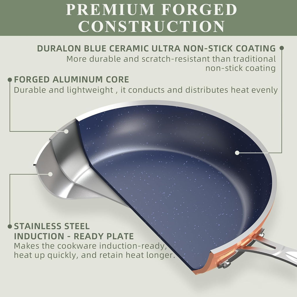 Nuwave 9pc Cookware Set Healthy Duralon Blue Ceramic Nonstick Coated, Diamond Infused Scratch-Resistant, PFAS Free, Oven Safe, Induction Ready & Evenly Heats, Tempered Glass Lids & Stay-Cool Handle