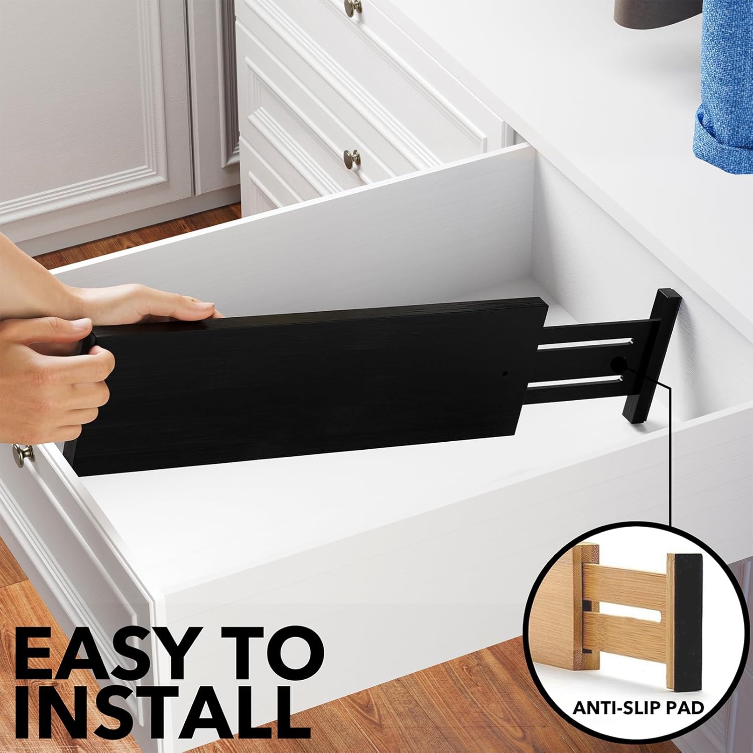 SpaceAid Bamboo Dresser Drawer Dividers 6 Pack, 4.65“ High Adjustable 17“-22” Drawer Organizers, Expandable Organization for Clothing, Clothes, Dressers, Black