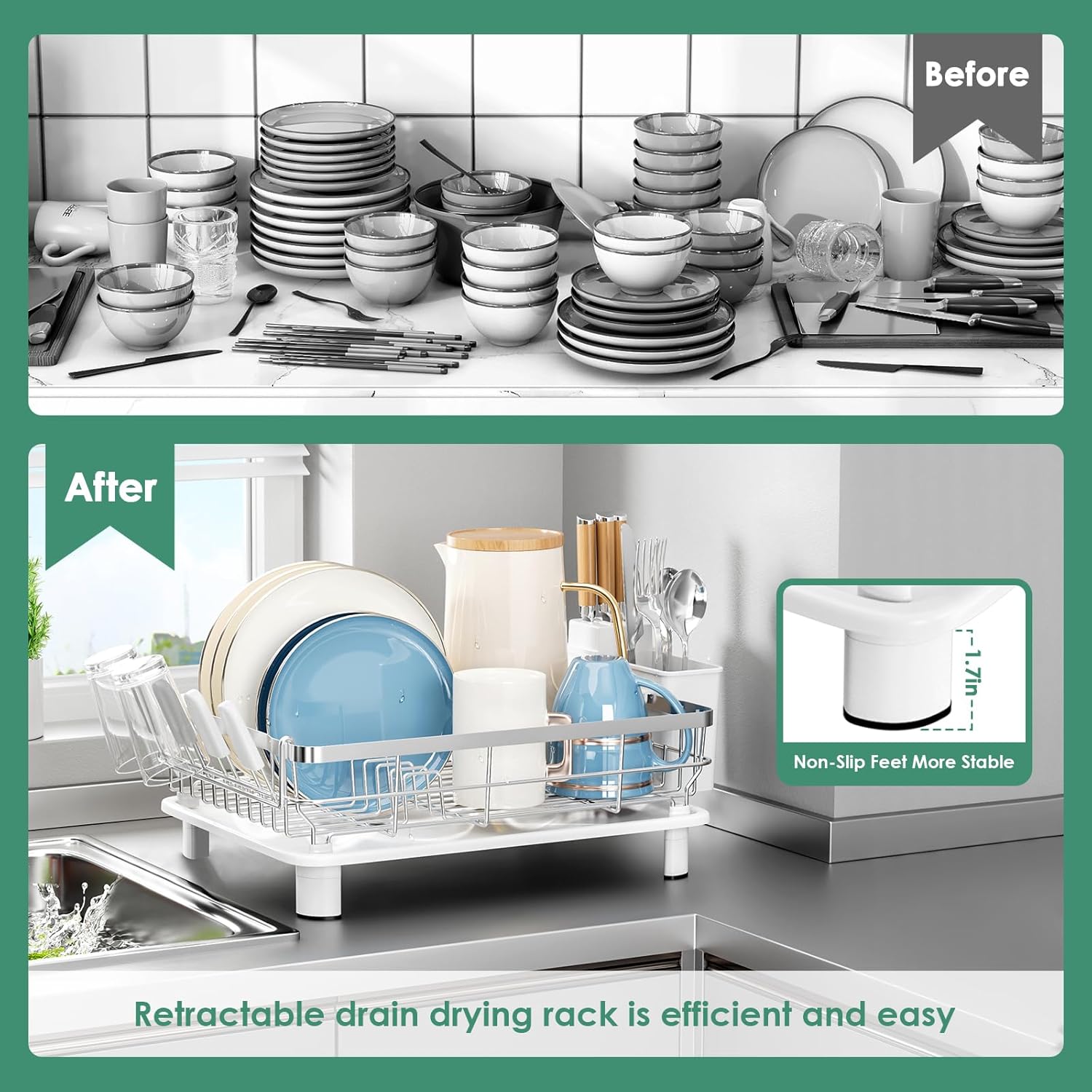 MOUKABAL Dish Drying Rack - Stainless Steel Dish Rack, Dish Racks for Kitchen Counter, Drying Rack Kitchen with Removable Utensil Holder, Drainboard and Glass Organizer (White)