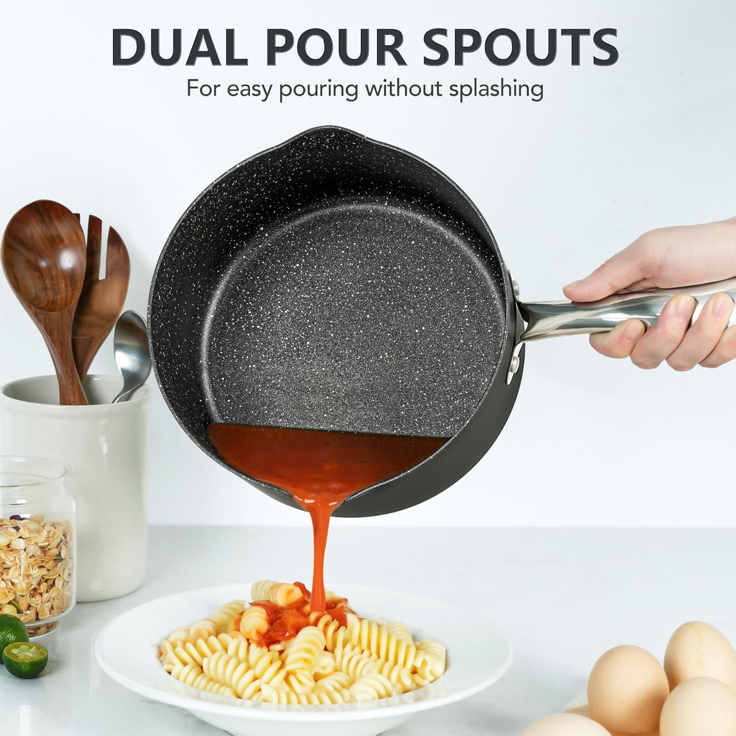 MICHELANGELO 3 Quart Saucepan with Lid, Hard Anodized Nonstick Sauce Pan with Strainer Lid & Pour Spouts for Easy Pour, Granite Derived Coating Sauce Pan for Cooking, Small Pot - 3 Qt Saucepan