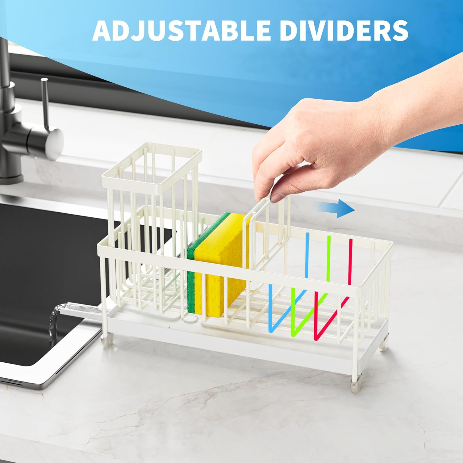 Cisily Cream Sponge Holder for Kitchen Sink, Sink Caddy Organizer with High Brush Holder, Kitchen Countertop Organizers and Storage Essentials, Rustproof 304 Stainless Steel, Soap Dispenser Organize