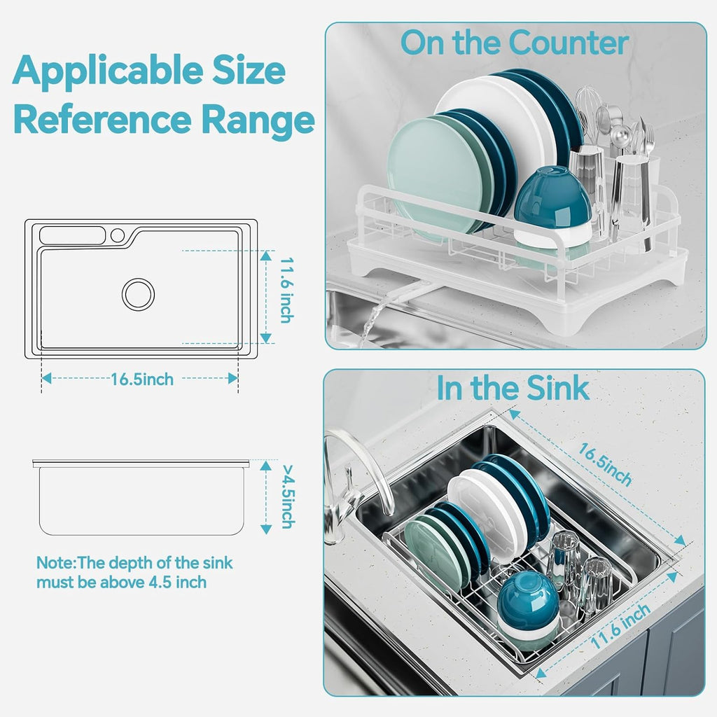 Dish Drying Rack Kitchen - Dish Racks for Kitchen Counter Space-Saving, Dish Drainer with Automatic Drain and Adjustable Spout, Dishwasher Rack with Cutlery Holder, Easy to Install, White