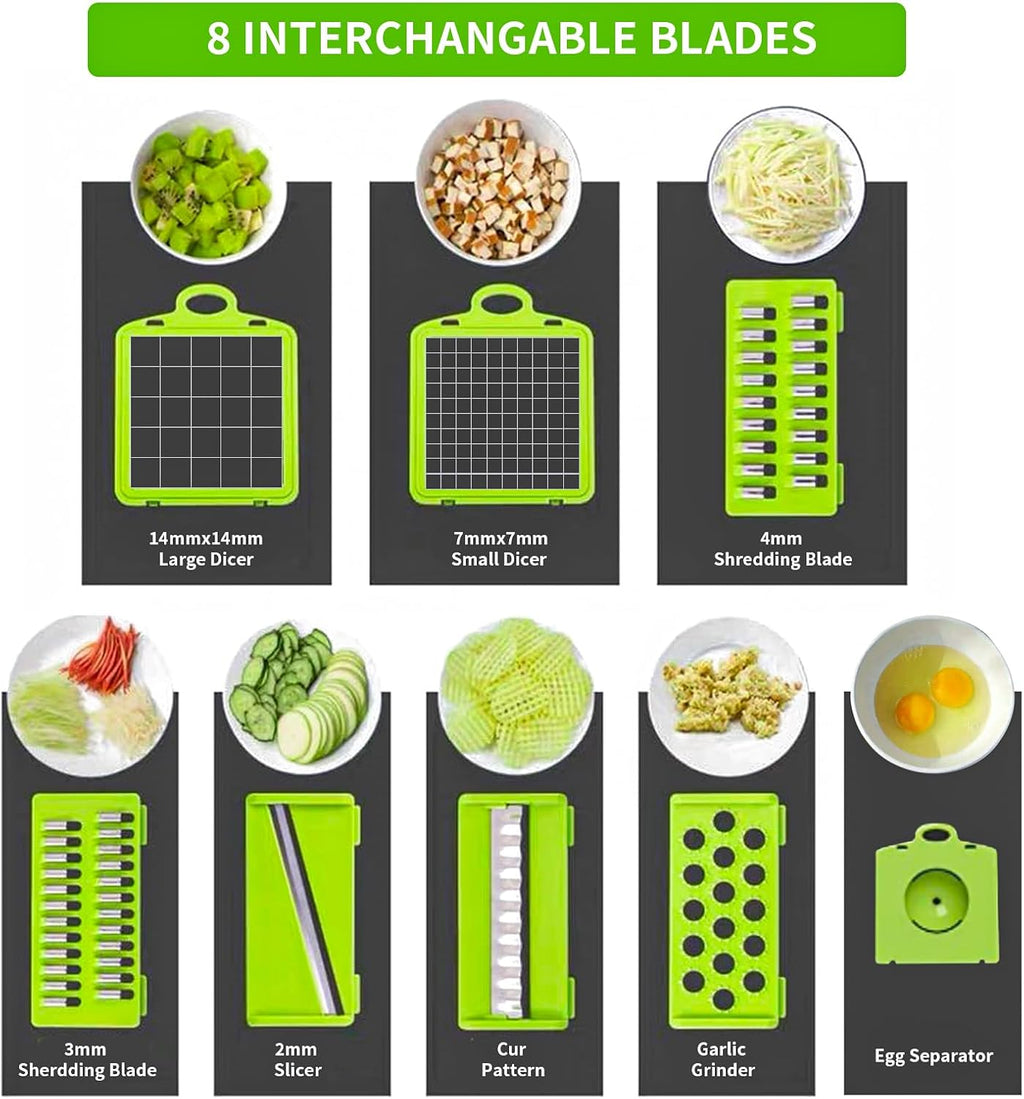 Vegetable Chopper Cutter Slicer Multifunctional 14-in-1 Food Veggie Salad Onion Chopper Cutter Dicer with Container, 8 Interchangable Blades, Hand Protector, Drain Strainer, Peeler, Brush