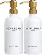 Luxury Glass Soap and Lotion Dispenser Set by Brighter Barns - Liquid Soap Dispenser Bathroom Set - White and Gold Bathroom Accessories for Vacation Rental, Airbnb, Hotel, Wedding Gift (Gold)