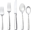 Luciella Ponza Flatware Set for 12, 65-Piece Stainless Steel Silverware Set with Serving Utensils, Timeless Hammered Design, Rust-Resistant, Mirror Polished & Dishwasher Safe