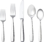 Luciella Ponza Flatware Set for 12, 65-Piece Stainless Steel Silverware Set with Serving Utensils, Timeless Hammered Design, Rust-Resistant, Mirror Polished & Dishwasher Safe