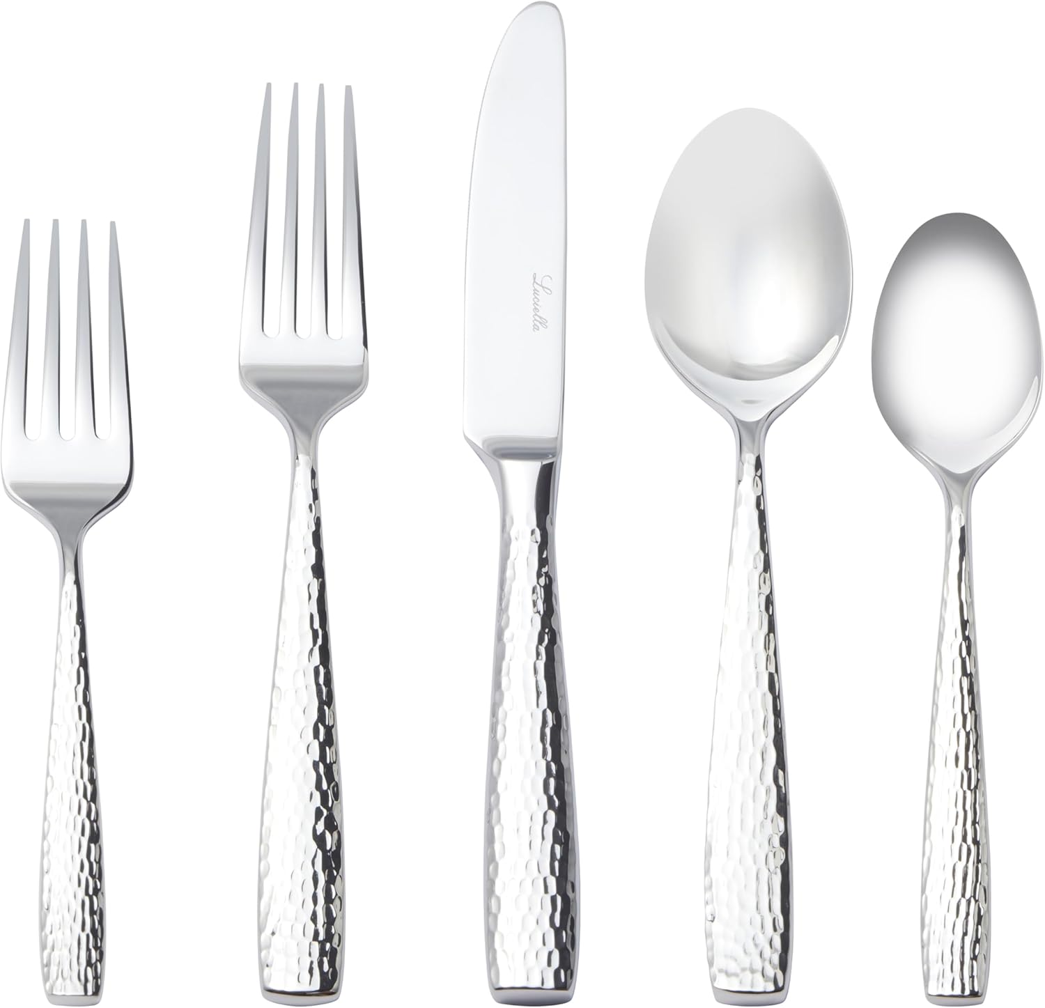 Luciella Ponza Flatware Set for 12, 65-Piece Stainless Steel Silverware Set with Serving Utensils, Timeless Hammered Design, Rust-Resistant, Mirror Polished & Dishwasher Safe