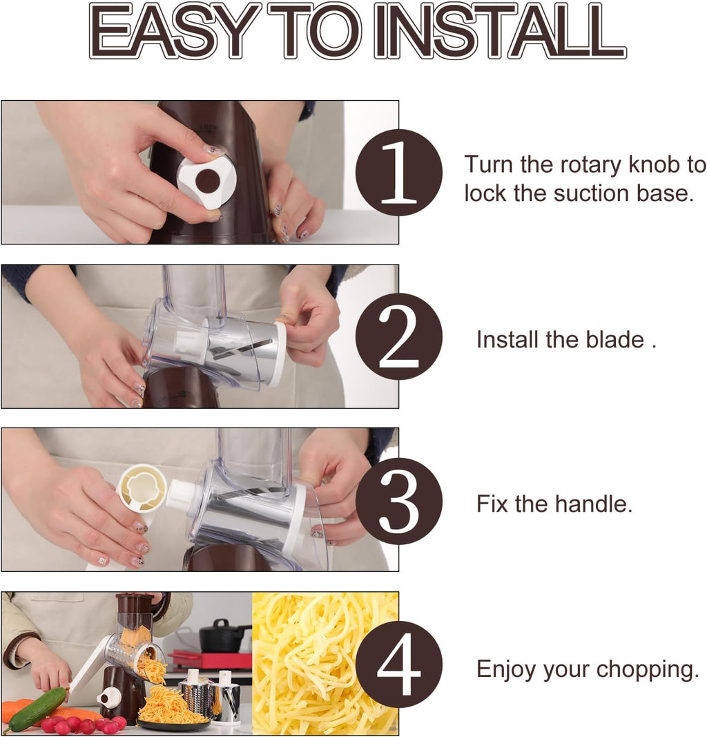 Ourokhome Rotary Cheese Grater Hand Crank, Kitchen Shredder Speed Mandolin Slicer Nut Grinder with Handle and Drum Blades for Cheese, Vegetable, Walnuts, Chocolate, Potato, Carrot,3 Blades, Coffee