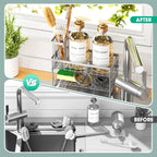 Sponge Holder for Kitchen Sink, 2 Tier Sink Caddy Organizer with High Brush Holder, Self-Draining Sponge Holder for Sinks, Soap Dispenser Organizer, Rustproof 304 Stainless Steel, Silver