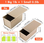 Beasea Pullman Loaf Pan with Lid, 2 Pack Non-Stick Bread Loaf Pans 1 lb & 0.5 lb Carbon Steel Bread Toast Box with Dough Scraper for Homemade Bread Toast Oven Baking - Gold
