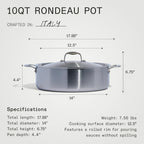 Made In Cookware - 10 Quart Stainless Steel Rondeau Pot w/Lid - 5 Ply Stainless Clad - Professional Cookware - Crafted in Italy - Induction Compatible