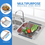 CHIRISEN Expandable Large Roll Up Dish Drying Rack, 18 Tubes 21.25x12.79'' Collapsible Over The Sink Rack, Non-Slip Silicone Rolling Dish Drainer Stainless Steel Rack for Kitchen Sink Counter (Gray)