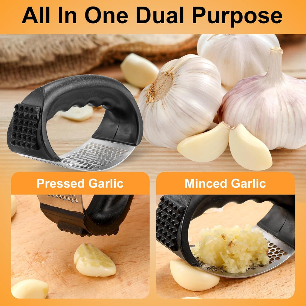 2Pcs Garlic Press Rocker, Stainless Steel GarlicMincer and Garlic Crusher, Easy-Squeeze GarlicTool (black+black)
