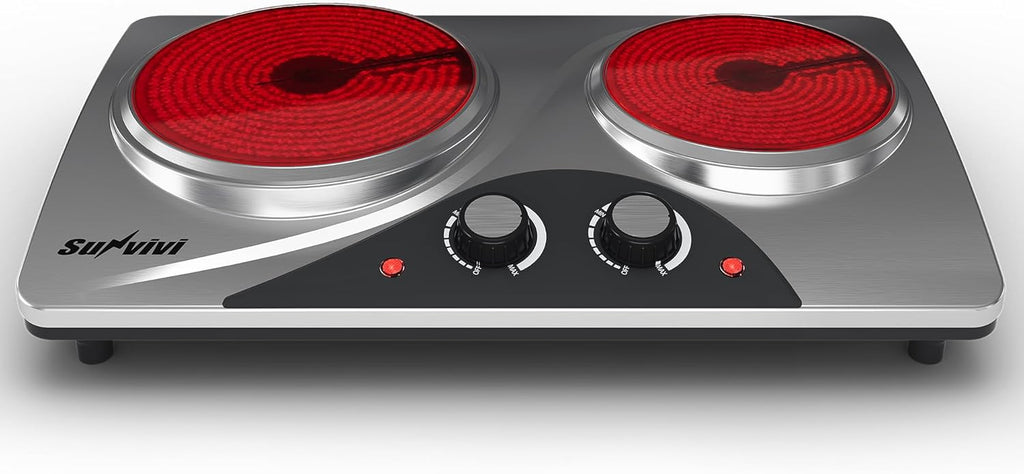 Sunvivi 1800W Dual Burner Portable Electric Ceramic Stove – Knob Control, Indicator Light, Compatible with All Cookware, Ideal for Multiple Cooking Scenarios, Silver