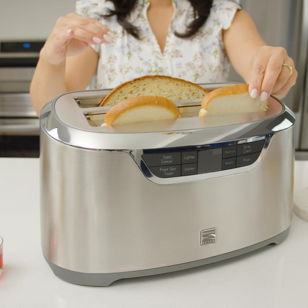 Kenmore Elite toaster 4 slice - long slot countertop kitchen appliance, tostadora de pan, front toast option, easy clean crumb tray, digital control, modern stainless steel design, bread bagel waffels