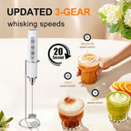 YUSWKO White Handheld Milk Frother Wand with Stand for Coffee, Rechargeable Electric Whisk with 3 Heads 3 Speeds Drink Mixer Coffee Frother For Latte, Cappuccino, Hot Chocolate, Egg