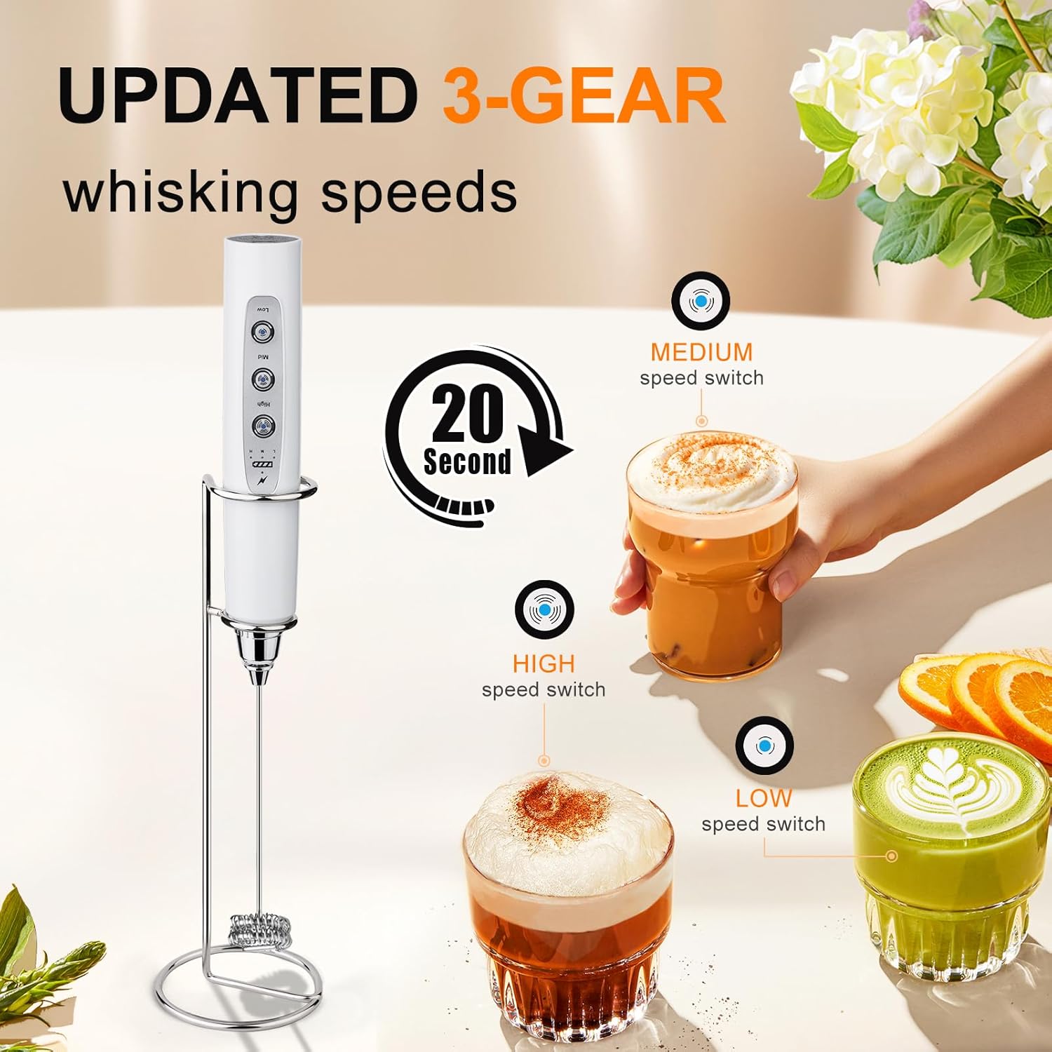 YUSWKO White Handheld Milk Frother Wand with Stand for Coffee, Rechargeable Electric Whisk with 3 Heads 3 Speeds Drink Mixer Coffee Frother For Latte, Cappuccino, Hot Chocolate, Egg