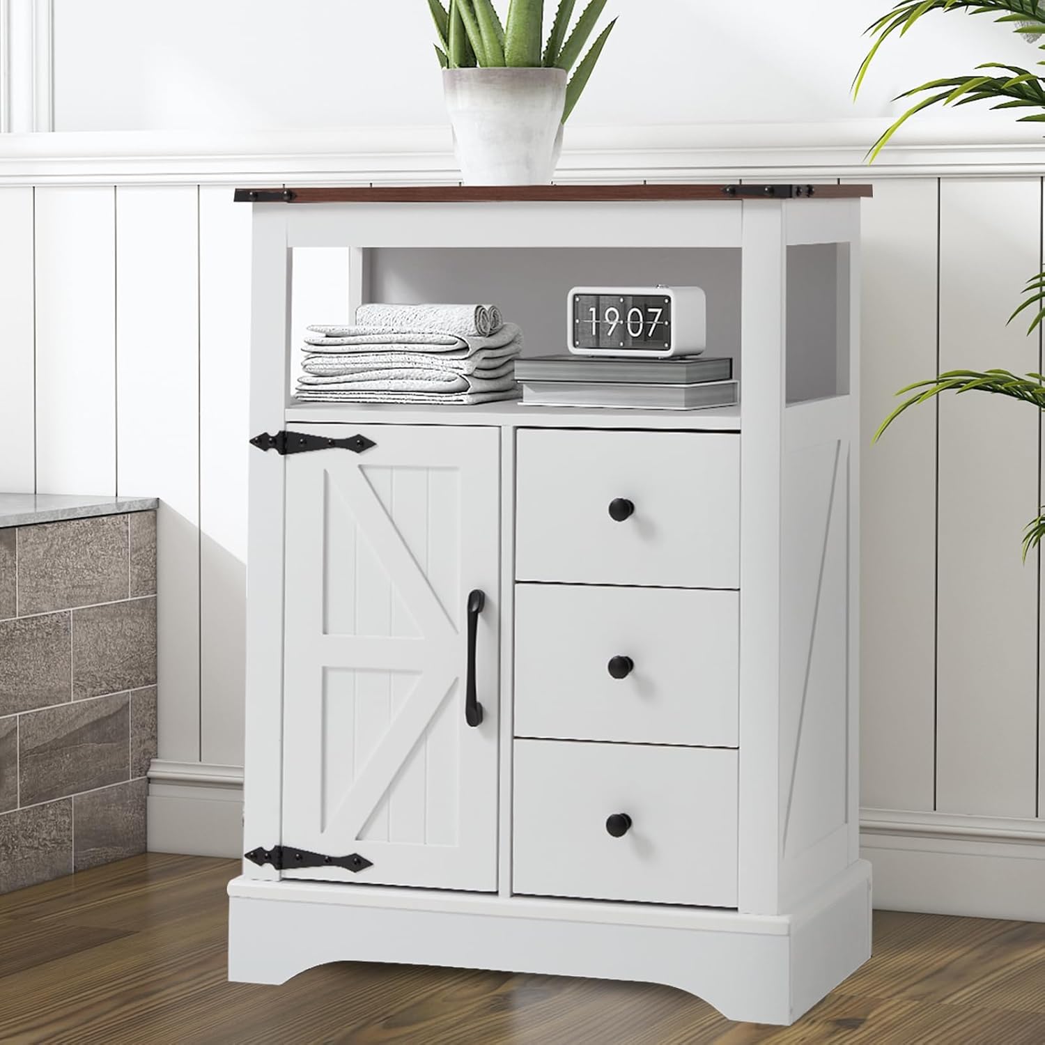 JOMEED Bathroom Floor Cabinet, Farmhouse Storage Cabinet with 3 Drawers & Adjustable Shelves, Free-Standing Cupboard for Kitchen, Living Room, Bathroom, White