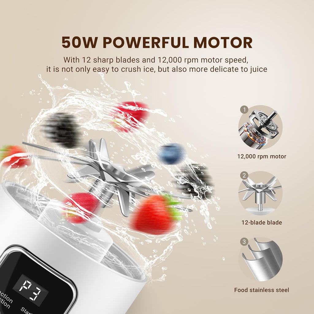 Portable Personal Electric USB Juicer，500ML Mini Blender Portable Blender For Shakes and Smoothies juice，12 Blades Great for Mixing，Compact、Convenient and Versatile (White)