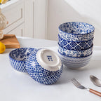 Ceramic Soup Bowls Set - 23 Oz Deep Cereal Bowl for kitchen - 6 Inch Porcelain Salad Bowl for Pasta, Dessert, Ramen - Microwave Dishwasher Safe - Set of 6 - Vintage Blue