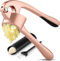 Zulay Kitchen Large Premium Garlic Press Set - Bigger Bowl for Bigger Garlic - Rust Proof & Dishwasher Safe Garlic Mincer Tool - Easy-Squeeze, Easy-Clean Silicone Garlic Peeler & Brush (Rose Gold)
