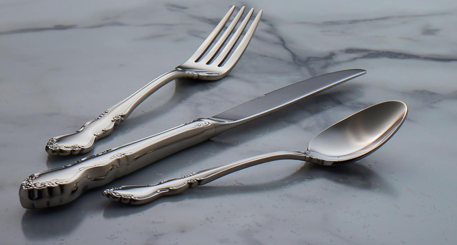 Oneida Silverware Set For 8, Dover 45-Piece Fine Flatware Set with Serving Utensils, Service For 8, 18/10 Stainless Steel, Ornate Pattern, Dishwasher Safe, Knives Spoons & Forks Set (Silver 45 Pieces)