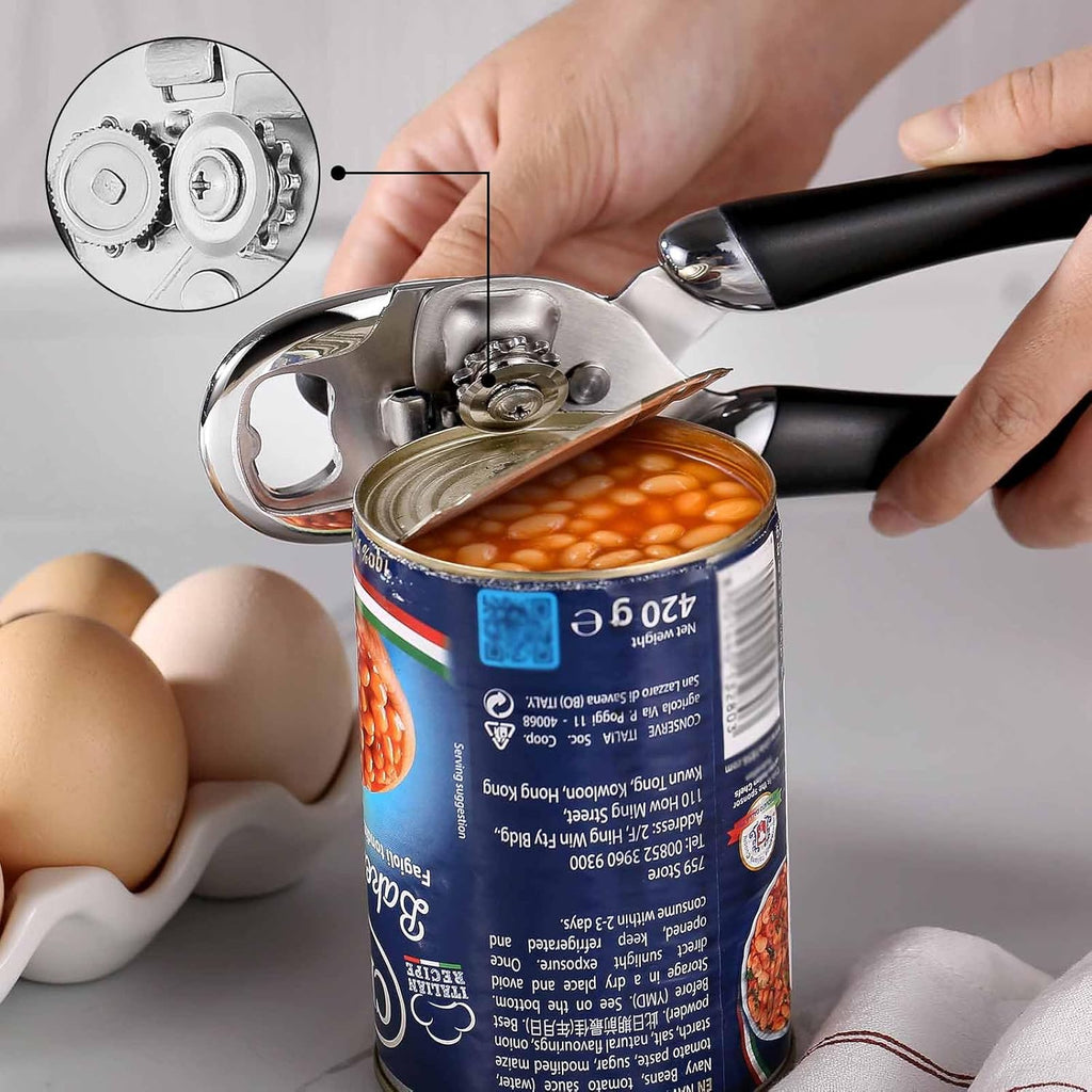 Multi-function Manual Can Opener Bottle Opener, Oversized Hand-held Easy Rotary Knob, Safe Cut Can Opener with Non-Slip Handle, Smoother Cut Sharp Blade for Seniors Kitchen Tool, Black