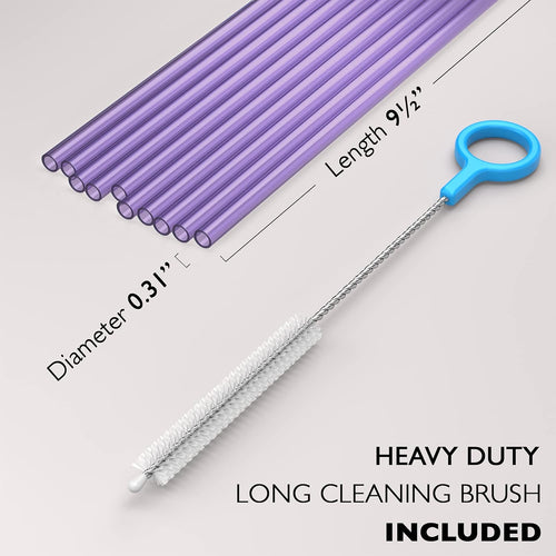 10 Long Reusable Hard Purple Plastic Drinking Straws, Medium Width + Sturdy Cleaning Brush - for Tumblers, Mason Jars, Smoothies and Milkshakes - Dishwasher Safe BPA Free