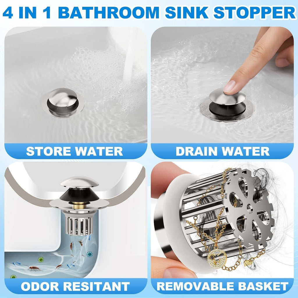 Universal 4 in 1 Bathroom Sink Drain Strainer with Removable Filter Basket, Pop Up Pure Copper Bathroom Sink Stopper, Anti-Clogging Bathroom Drain Stopper Sink Plug (Brushed Nickel)