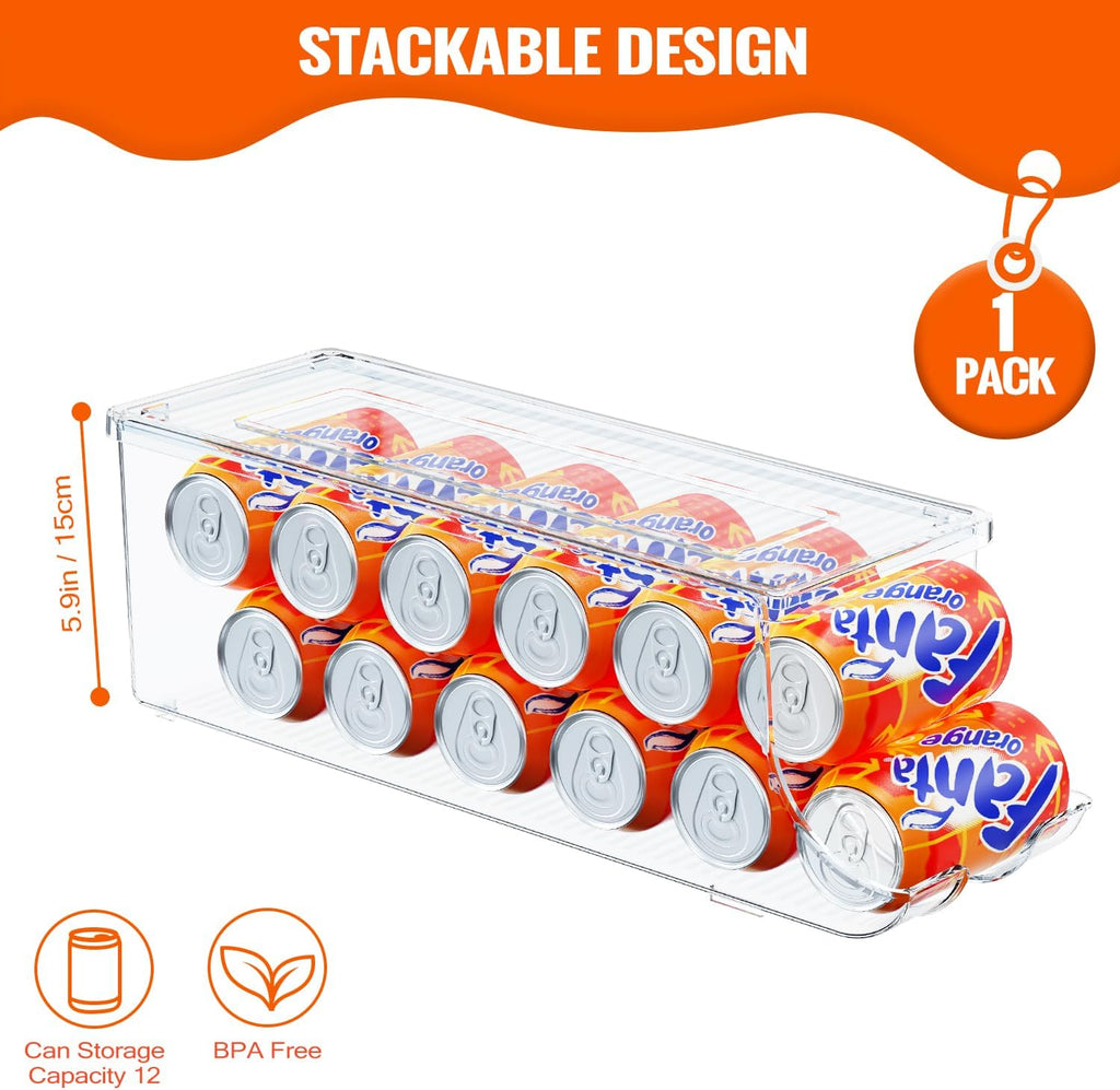 Soda Can Organizer for Refrigerator, Stackable Canned Food Pop Cans Container Can Holder Dispenser with Lid for Fridge Rack Freezer, Clear Storage Bins-Holds 12 Cans Each (One)