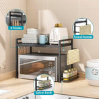 DOLALIKE Microwave Oven Rack, Expandable Microwave Stand Countertop Kitchen Utensils Tableware Storage, Carbon Steel Over Microwave Shelf Countertop with 6 Hooks