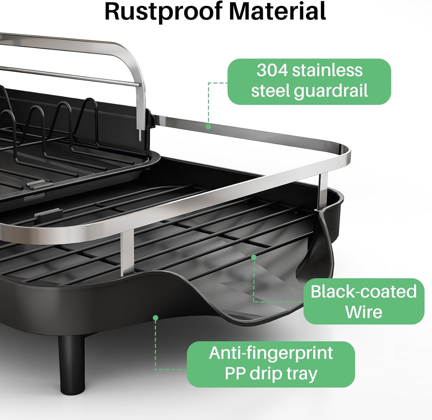 SAYZH Dish Drying Rack - Expandable Dish Rack for Kitchen Counter, Rust-Resistant Dish Drainer with Utensil Holder and Raised Guardrail, Kitchen Organizer for Cup and Bottle (Black)