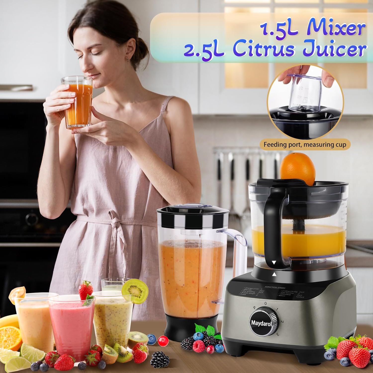 14 Cup Food Processor, French-Fry-Cutter, Blending, Mixing, Shredding, and Slicing, Meat and Vegetable Chopping, Doughing for Home Use, Mincing, and Pureeing,4 Speeds,600W