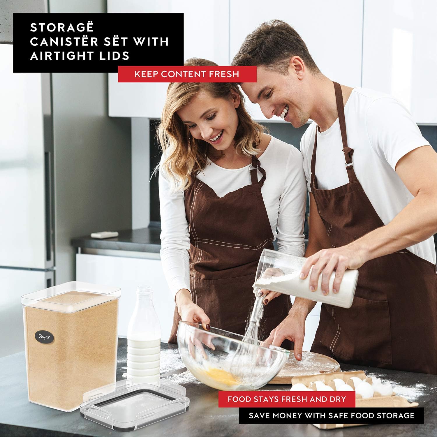 DWËLLZA KITCHEN Large Flour Sugar Storage Containers Set of 2; 175 FL. oz - 5.2L Plastic Airtight Food Storage Containers with Lids for Kitchen Pantry Organization - Food Containers, Labels & Marker