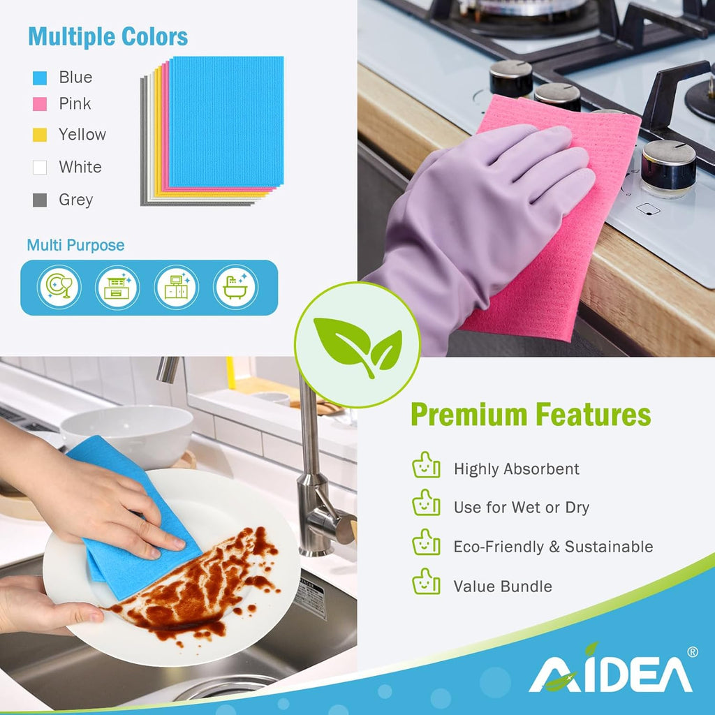 AIDEA Swedish Dishcloths for Kitchen-10PK, Absorbent Sponge Dish Cloth, Dishcloths for Washing Dishes, Reusable Paper Towels Dish Cloths, Swedish Towels for Home, Kitchen, Glass, 7" x 6"