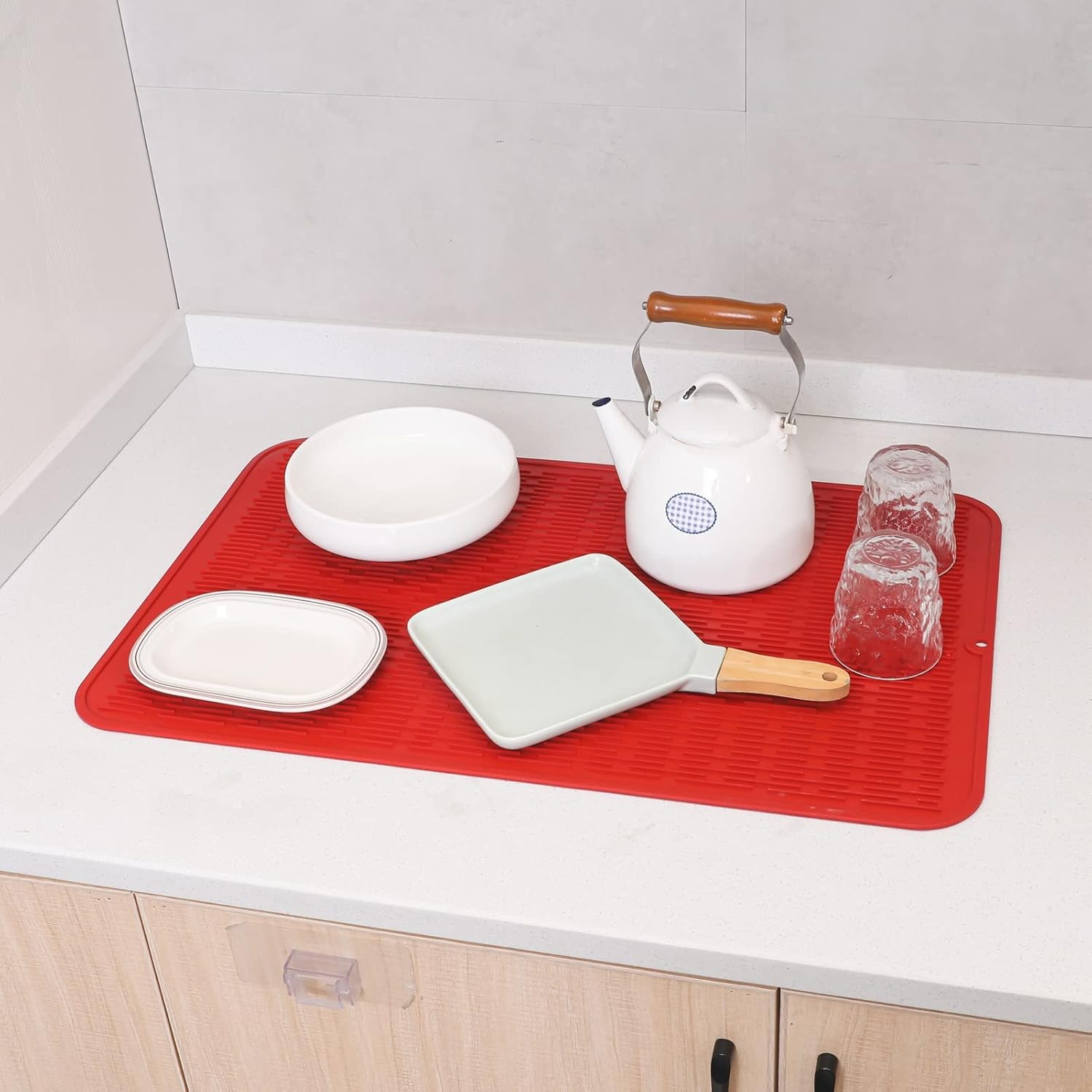 Silicone Dish Drying Mat for Multiple Usage,Easy clean,Eco-friendly,Heat-resistant Silicone Mat for Kitchen Counter or Sink,Refrigerator or Drawer Liner Red 3XL 28 inches x 18 inches