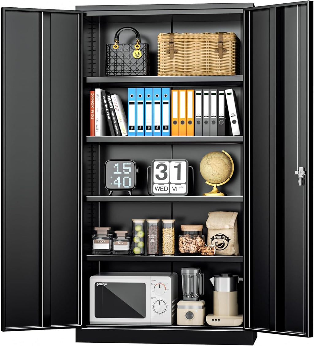 INTERGREAT Metal Storage Cabinets 72” Black Garage Steel Storage Cabinet with Doors and Shelves, Metal Tool Cabinet, Steel File Cabinet for Home Office, Basement, Warehouse, Classroom（Anti Tipping）