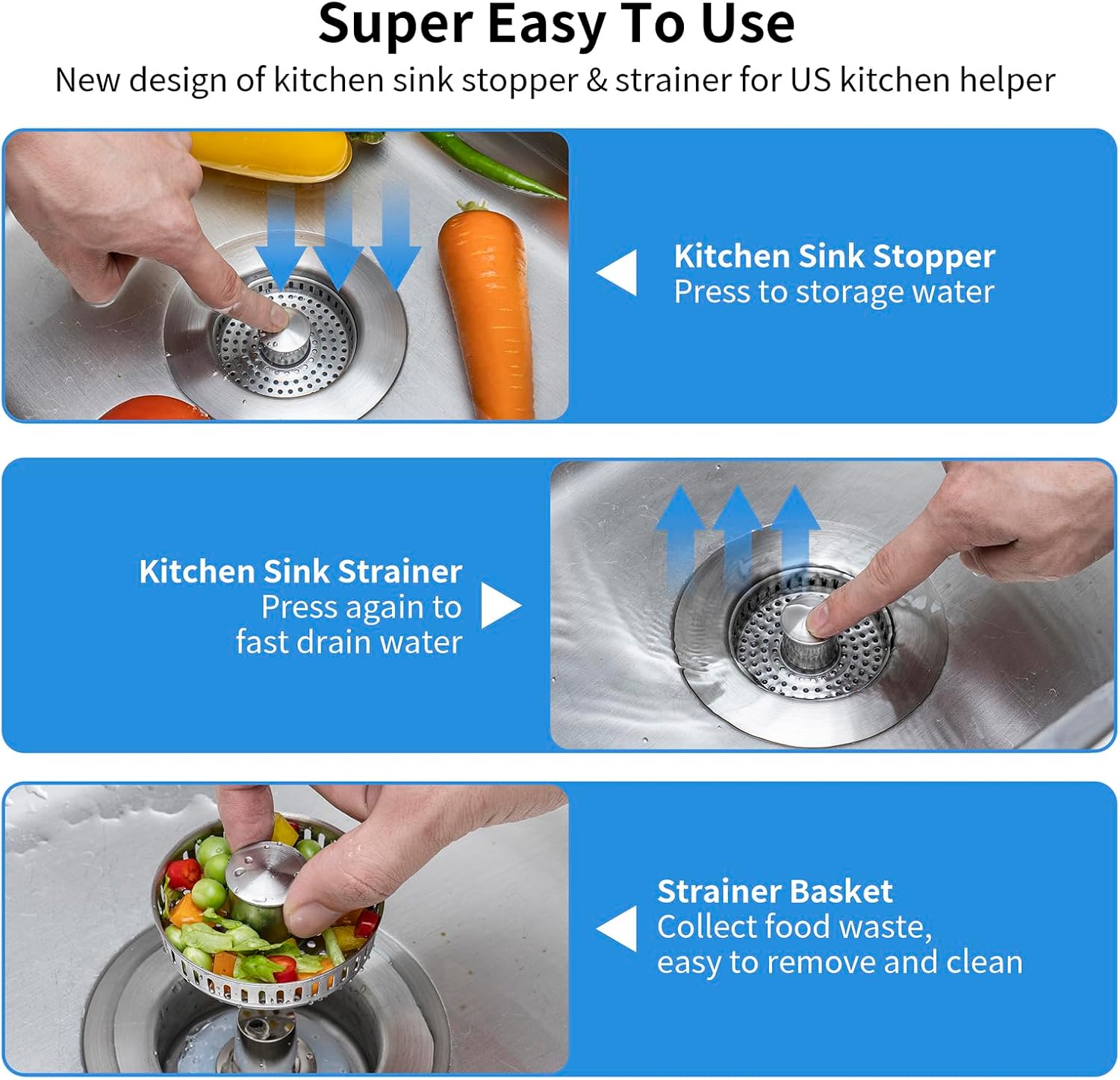 Upgraded 3 in 1 Kitchen Sink Drain Strainer - Stainless Steel Sink Stopper, Anti-Clogging Sink Food Catcher Basket, Fast Drainage Odor Filter Sink Plug for US Standard 3 1/2 inch Drain (Silver-2Pack)