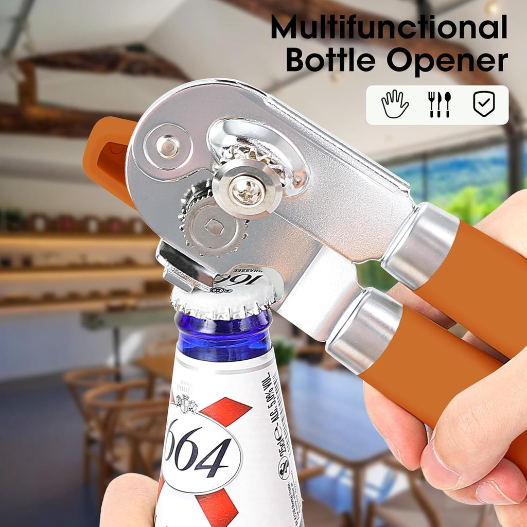 Beneno Can Opener Manual with Magnet, Hand Held Heavy Duty Can Opener with Durable Sharp Blade Smooth Edge, Big Effort-Saving Knob, Soft Grip Rubber Handle, Multifunctional Bottle Opener, Orange