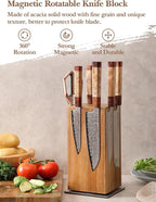 HEZHEN Magnetic Rotating Knife Holder without Knives, Acacia Wood, 360° Knife Block for Kitchen Counter, Space-saving and Larger Capacity Knife Storage, Strong Enhanced Magnets Strip