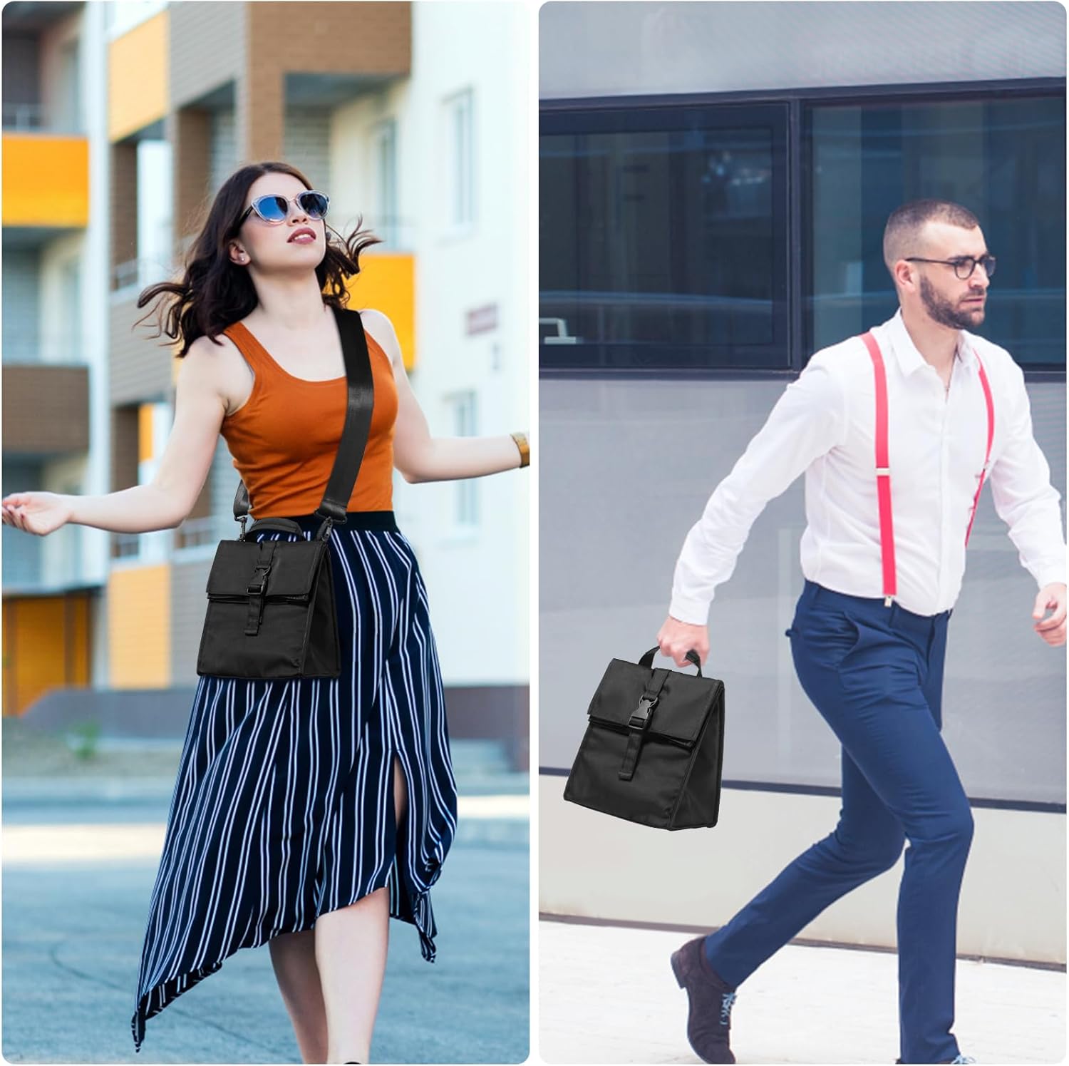 Insulated Foldable Lunch Bag- Lightweight Portable with Adjustable Shoulder Strap Lunch Box for Men, Women, Office, Work, Picnic, Hiking and Beach (Black(Soft Fabric))